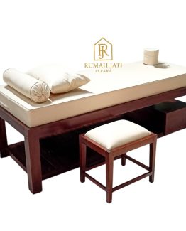 Bed Spa Kayu Jati Premium + Kursi Terapis | Ranjang Pijat Spa Elegan Warna Salak Brown – Matras Tebal 15cm | Rumah Jati Jepara RJJ.FSS.053